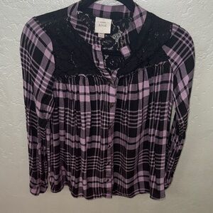 Knox Rose Black and Purple Plaid Button Down Shirt